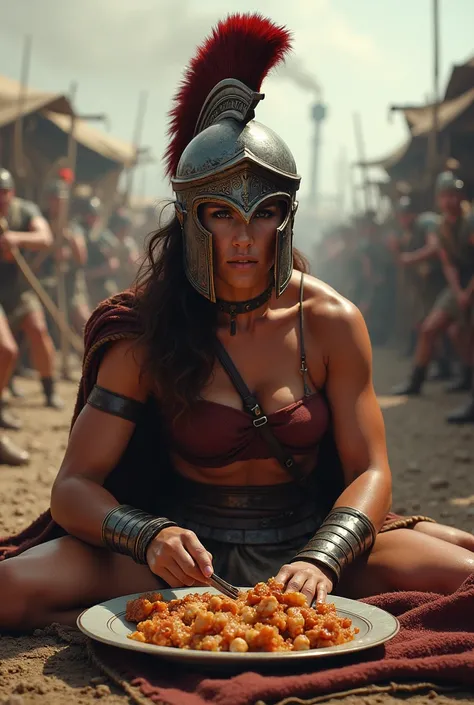 Spartan woman having a meal at war,  apparent muscles and classic Spartan hat like in the movie 300 of Sparta 