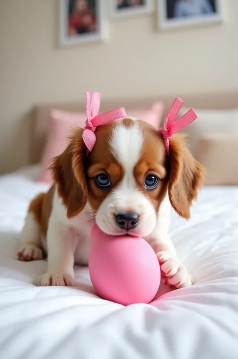 She has ribbons on her ears as if she were a gift, a two-month-old Cavalier King Charles Spaniel puppy, playing and biting a pink toy on a white bed. The bed has a white bedspread with a pink quilted design. In the background, you can see a beige cushion a...