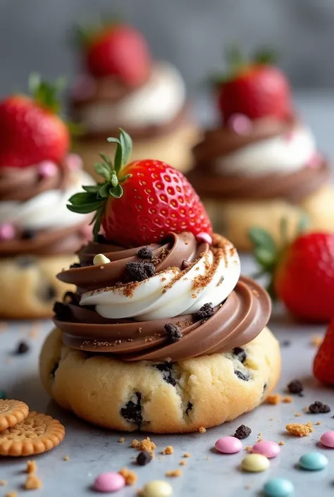 Create the image of CrumBL Cookies .  The cookies are vanilla with chips and oreo cookies ,  on the top they are decorated with Nutella and chocolate chips ,  also with whipped cream and strawberry ,  also with delicacies and colored chips and also with pe...