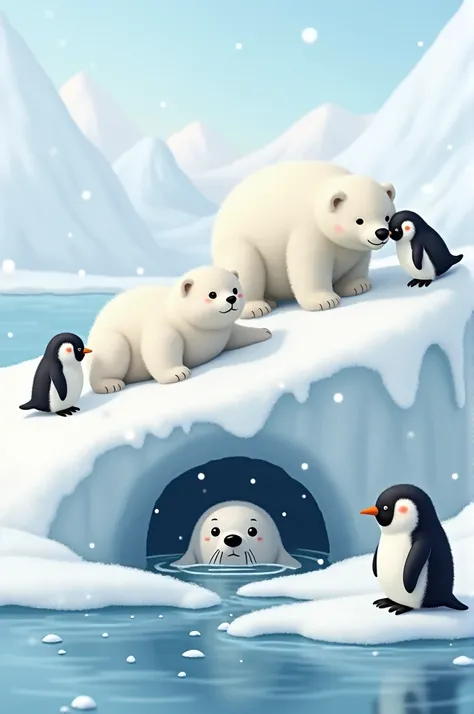 
"Ek snowy area ka scene hai, jahan chhote chhote penguins baraf par phisal rahe hain. Ek chhota polar bear apni maa ke saath khel raha hai, aur ek chhota seal baraf ke neeche se jhaank raha hai. Har jagah shanti aur pyara mahol hai."