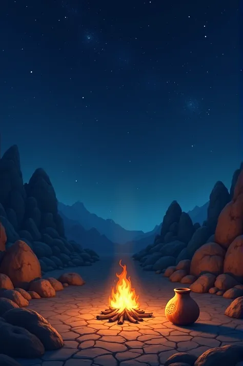  Starry sky with a small bonfire next to a mud pot, a light illuminating the cracked floor and a gourd cut in half  