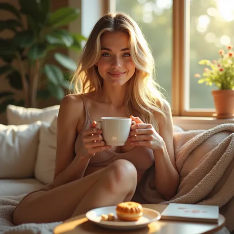  Create an image OF SLIMMING TEAS .  USE REAL IMAGES OF HUMANS Here is the image of slimming teas with a cozy and realistic scene. . A BEAUTIFUL AND THIN BLOND WOMAN 