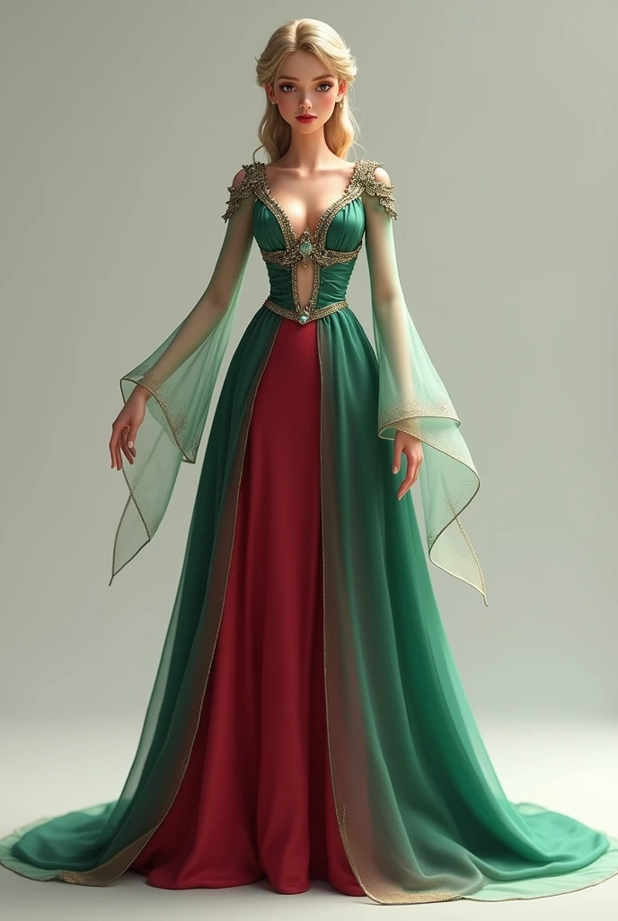  The model of a princess-style dress with long sleeves from the shoulder, Dont show her tits ,  the sleeves must be half transparent ,  that has a cutout on the door and stones on the chest and that is red or green 