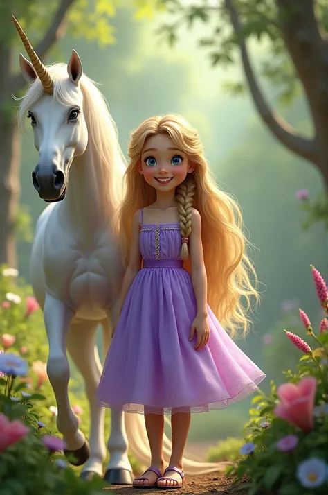  is a beautiful girl with yellow hair in the form of a plait. She wears a purple dress and a sandal made of glass. She has a wide blue eye and has a beautiful smile. A white unicorn horse stands next to her and the background is a green garden.  