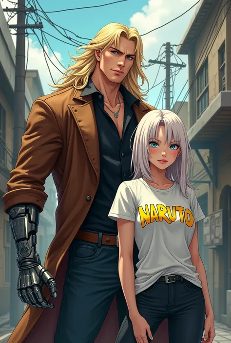  Make the bust two people being a strong and muscular man with long blond hair robotic hands,  dressed in a brown leather overcoat and black dress shirt .  Make next to him a woman with long platinum hair , freckles on the face, dressed in a white t-shirt ...