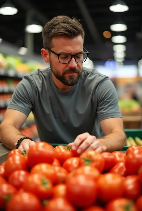 The image depicts a man in a grocery store, selecting tomatoes from a display. He is wearing glasses and a gray t-shirt, and his expression appears focused and contemplative as he examines the produce. The tomatoes are vibrant red, creating a striking cont...