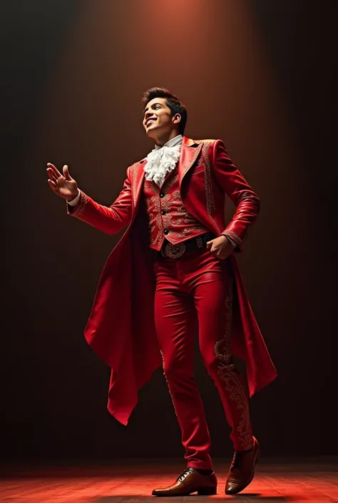 Adult young Mexican charro singer with red leather suit amazing color