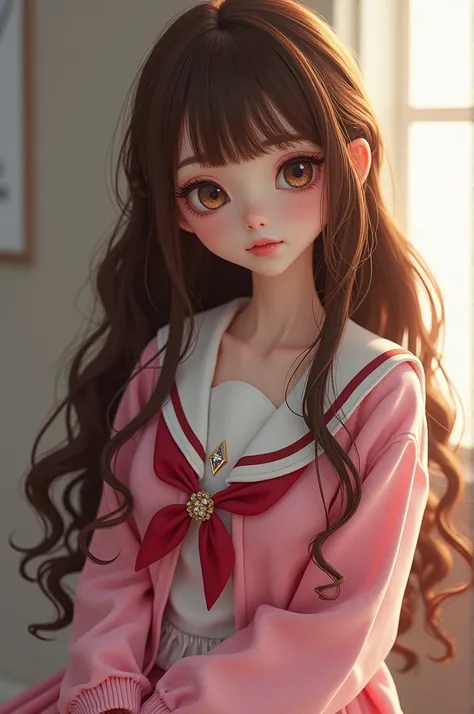 ((best quality)), ((masterpiece)), (detailed), She have a pale white skin and a hourglass body, she have wavy long brown hair with brown eyes, and a button nose , and freckles, and she also have dimples. Her height is 161cm, she wear the school uniform wit...