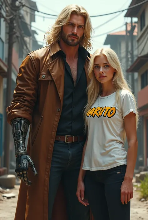  Make the bust two people being a strong and muscular man with long blond hair robotic hands,  dressed in a brown leather overcoat and black dress shirt .  Make next to him a woman with long platinum hair , freckles on the face,  dressed in a white t-shirt...