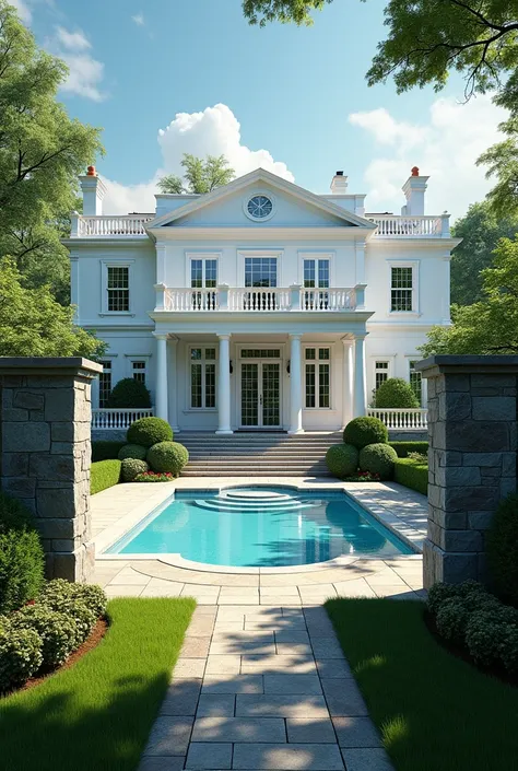 Create an image of a realistic white house with lots of windows, a large back garden with a pool enclosed by stone fences, poorer, much poorer.