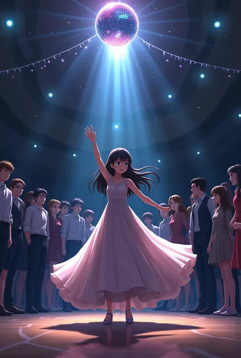 A captivating anime-style scene set in a dimly lit high school gymnasium, transformed into a dance floor. At the center, a young girl with determined eyes and flowing hair stands confidently, dressed in a stunning, elegant gown. Her arms are raised, and he...