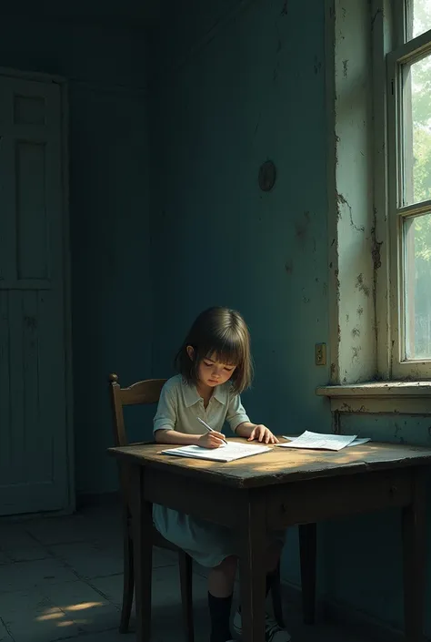 Small girl sitting at her desk in a creepy house doing  homework