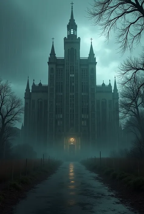 ((Best quality, 8k, Masterpiece: 1.3)), Sharp focus: 1.2, ,Ultra realistic, photorealistic, unreal engine, cinematic realism, Saint Mary’s Hospital from the Arkham Horror series while in a rainy storm