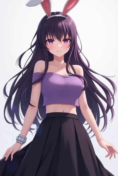 anime mature woman with long dark purple hair, bunny ears, 
purple eyes, small purple plain crop
 top and black long skirt