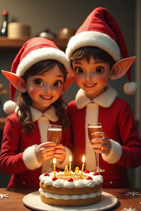 Une jeune fille habillee en mere noel fete son anniversaire avec un  lutin homme, visage face au photographe avec gateaux et champagne. ECRIRE "Joyeux anniversaire Margaux". 