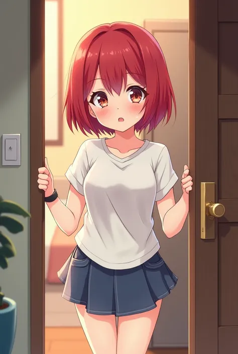 An anime girl, with cute and pouty face, opened the door (wearing a short), with short bob red hair, blushing and tsundere, looking up, look alike Kana Arima, her expression like saying "I told you not to come home late!" she puffs her cheeks, looks tsunde...