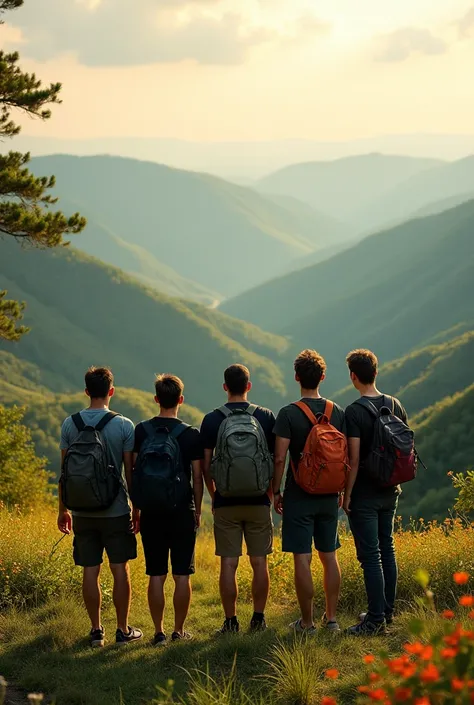 5 male friend long distance group tour in a hill take a photo back side us