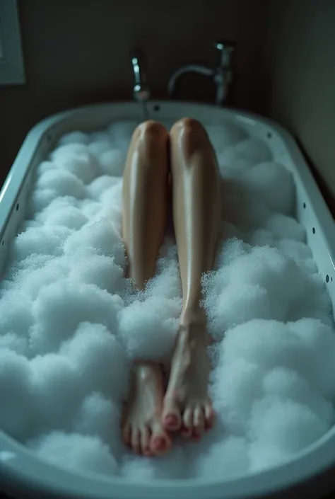 take a picture of a woman lying in a bathtub, you can only see her legs and feet, there is a lot of foam, it is dark, it is evening