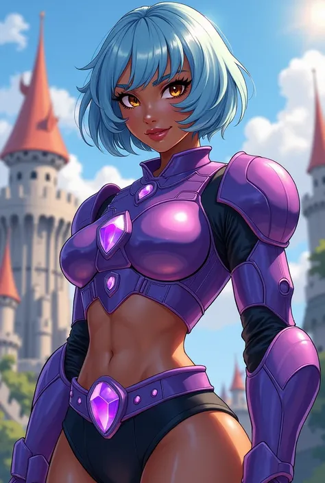 illustrate a woman with dark skin and light blue hair, her hair is short and bouncy with her bangs swept to one side, she has detailed brown eyes. She wears shiny purple mecha armor with a bright purple gem embedded in the breast plate, the armor has light...