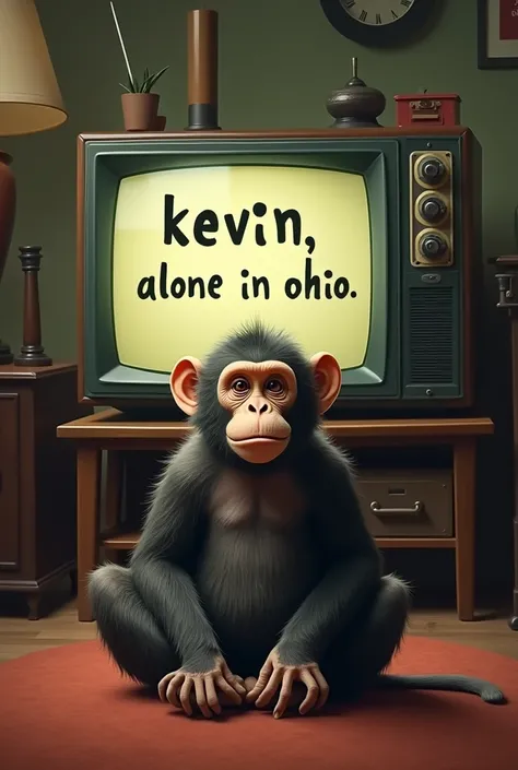  Generate a farting monkey sitting in front of the TV where the inscription is ,,Kevin alone in Ohio "