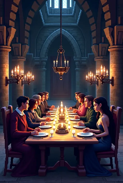 pixelart men and woman dining at a long table in a retro dark fantasy style castle 