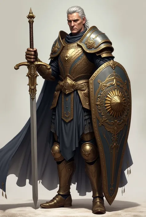 male human paladin, gray hair, without beard, 35 years young, fancy armor, with powerful sword and shield, full body view, no background