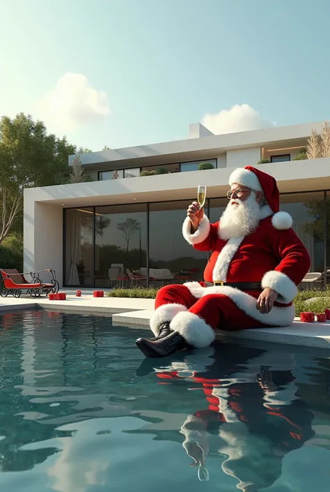  A very realistic photo of a very contemporary house with a swimming pool in the south of France .
 A view of the whole house from a distance .
 A house with large windows ,  flat roof and rooftop .
 On the roftop a very realistic Santa Claus enjoying his ...