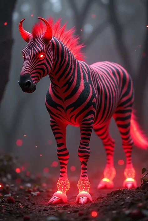 "A fierce hybrid of a zebra and a pomegranate, combining the elegant, striped body of a zebra with the segmented, juicy qualities of a pomegranate. The creature’s stripes are a mix of rich red and black, resembling the inner segments of a pomegranate, with...