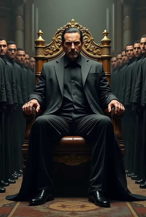 Boss get out of the Mafia wearing black shirts, pants and gaban sitting in a chair with elegant throne style, black color on a platform. 
and more than 50 disciples trained as if they were taking orders from an army general 