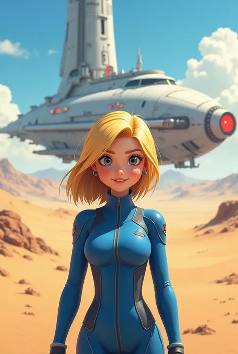 Drawing of cheerful girl with blonde hair in blue uniform facing the viewer, 
behind her back is a giant spaceship, on a desert background, digital illustration of a science fiction story, far future, full portrait, aesthetically beautiful. 
science fictio...