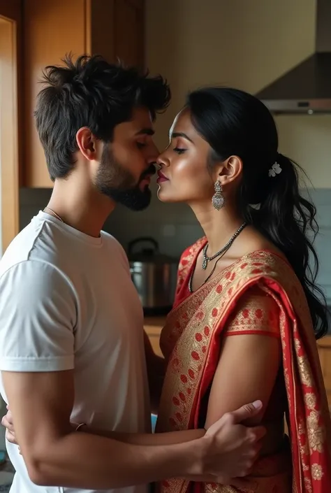 50 year old submissive Indian step mom kissing and touching dick of her 19 year old step son who doesnt have beard and little shorter than his stepmom in kitchen 