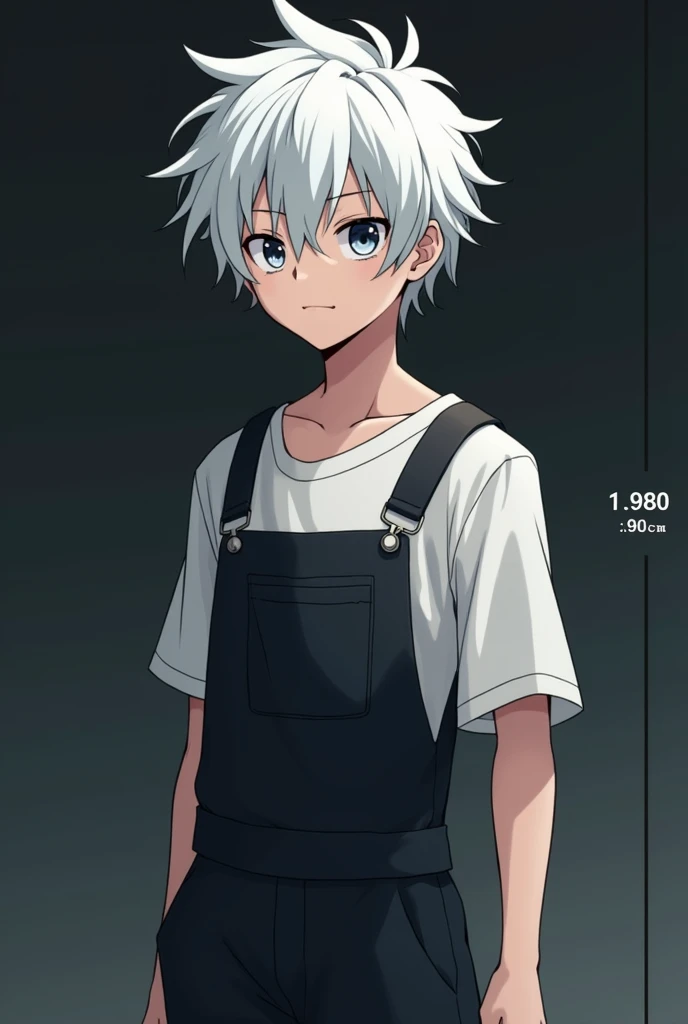 Boy who measures 1 . 980 and white, unkempt hair
With dark background casual wear( dark jumpsuit and white shirt aslo with an anime style )