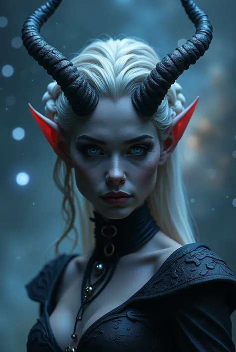  An attractive girl with demonic horns, A tiefling, днд A tiefling, ( dark gray leather :1.4), Demonic Skin,  silver hair braided in several braids , ( style:1.4),  amazing quality , portrait, fantasy, fairy tale atmosphere, 8k,  very detailed ,  Lots of D...