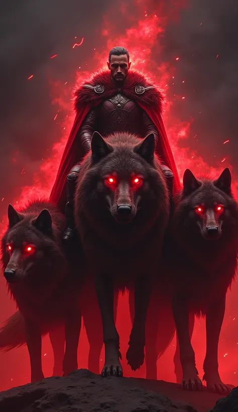 "A regal male warrior in fully-covered crimson-colored armor sits atop a massive central wolf with glowing crimson eyes. Two gigantic wolves with matching glowing crimson eyes flank him, their fur shimmering with fiery crimson highlights. The black backgro...