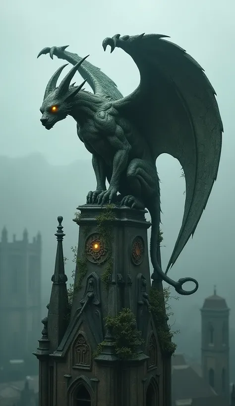 A Mighty Stone Gargoyle, its body made of weathered stone and overgrown ivy, perches high on the spire of a ruined cathedral. The gargoyle’s wings, carved with intricate patterns, extend outwards, and ancient symbols glow faintly across its stone form. The...