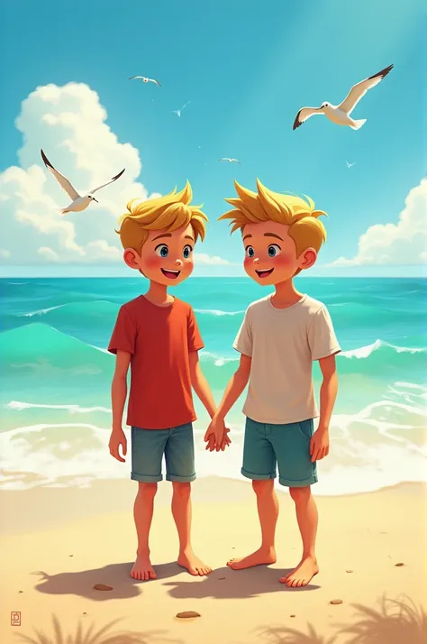 15-year-old blond boy on the beach with his friend