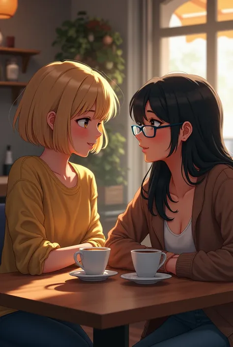 
Two Friends drinking coffee at a café, one has short dirty blond hair. Has a beautiful smile and a 90-60-90 hourglass body and is 170 cm tall, the other is 179 cms tall, has a slim body 80-50-80, dark long hair, wears blue glasses.