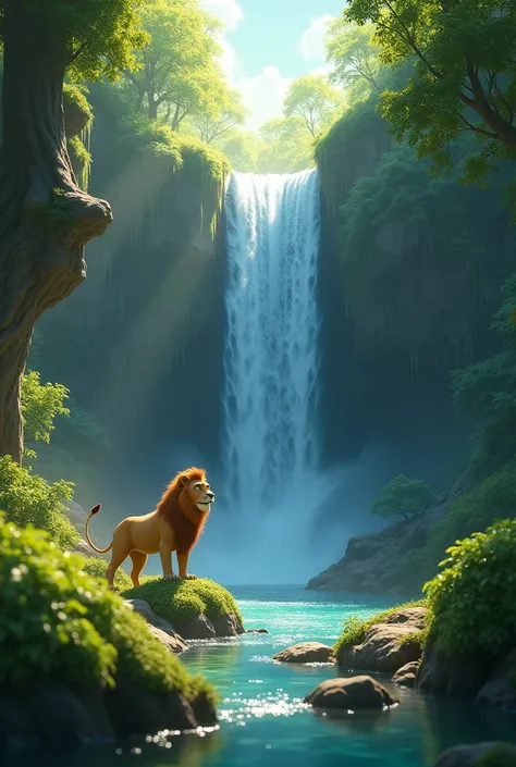 Colorful cartoon Pixar 3d image of A refreshing waterfall in the middle of a dense forest, with the lion standing at its edge and water sparkling under the sunlight
