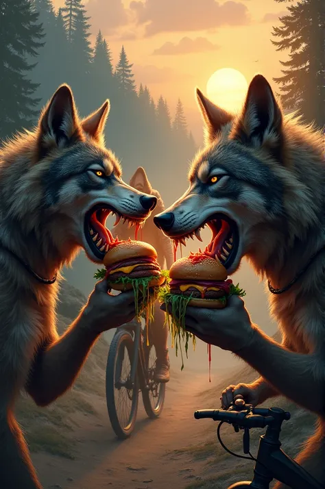 Mountan biker wolfs eating hamburgers 