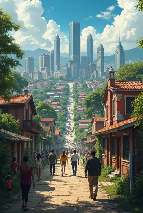  An image with a city with rich people, normal people living in normal homes and poor people in rural areas in Latin America