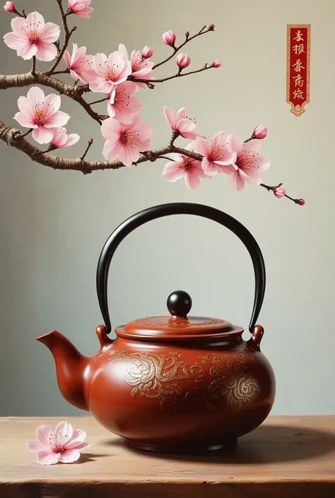 Realistic oil painting depicting a clay teapot and cherry blossom branch, still life of Emperor Huizong of the Song, 
ukiyo-e, detail painting, detail painting, 
tea ceremony tradition, close-up, delightful, exquisite, realistic, high detail, by olegsan