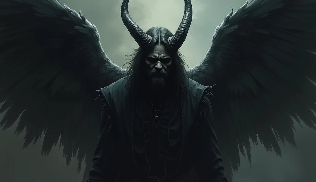  realistic image of a dark figure depicting Lucifer,  with an imposing appearance , subtle horns or dark wings .