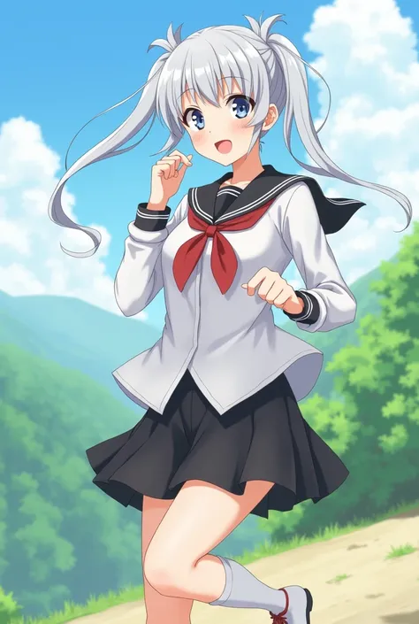 (( masterpiece )), (( best quality )), ((highres)), (( CG unity 8k wallpaper)), Alone, Kanade Tachibana, so school uniform , black flick,  white socks , outdoors, rostro, hair with curtains, playa, split hair,  silver hair 