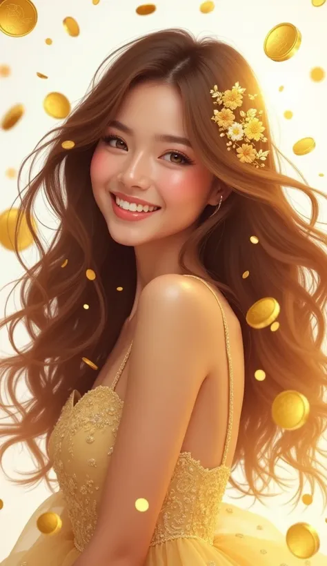 A radiant young woman with soft, flowing brown hair adorned with golden coins. She has sparkling eyes and a warm smile, wearing a light gold dress with delicate floral embroidery. The scene is filled with shimmering golden coins cascading around her, creat...