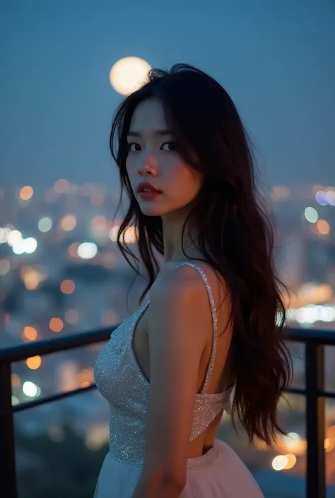 
A stunning Asian woman  slide layered long brown hair and stands majestically on a moonlit terrace, adorned in a diaphanous silver nightdress that whispers subtle sparkles under the soft, silvery glow. The cityscape behind her shimmers with a tapestry of ...