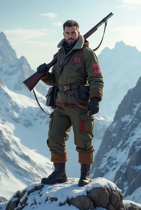 Alpenjäger.  A soldier in traditional alpine hunter uniform with a rifle over his shoulder stands on a snowy mountain peak. The Alps stretch out in the background . He looks into the camera