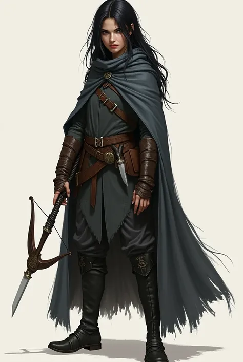 female halfling, black straight hair, fancy shadow cloack, holding a light crossbow on strike position, dagger on belt, full body view, no background