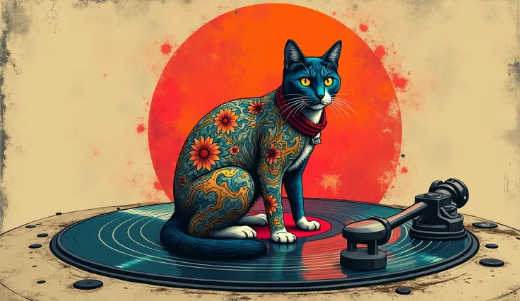 minimalist art, colorful, ink, yakusa tattoed cat, aged disk cover, colorful background 