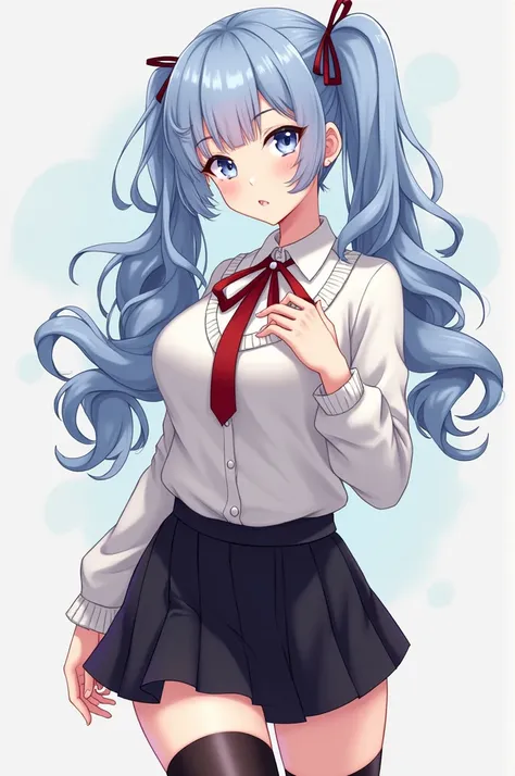 A girl with long periwinkle blue hair done in curly pigtails and vent bangs, white eyes, cream skin, and an hourglass, curvy body. She is wearing a white button up shirt which was tight on the chest area, a red ribbon tie, a short black pleated skirt, a wh...