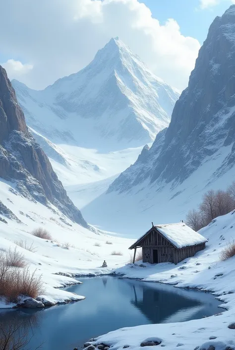 A valley between two tall snow-filled mountains at the end of the valley sits a small pond and an old, worn-out snow-covered hut